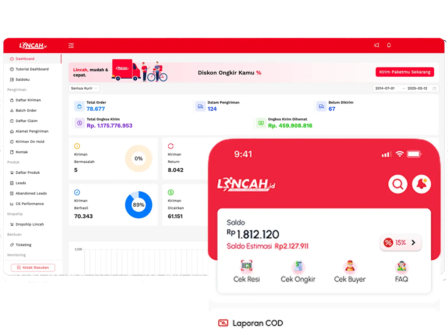 Dashboard dan aplikasi Lincah untuk kirim paket online